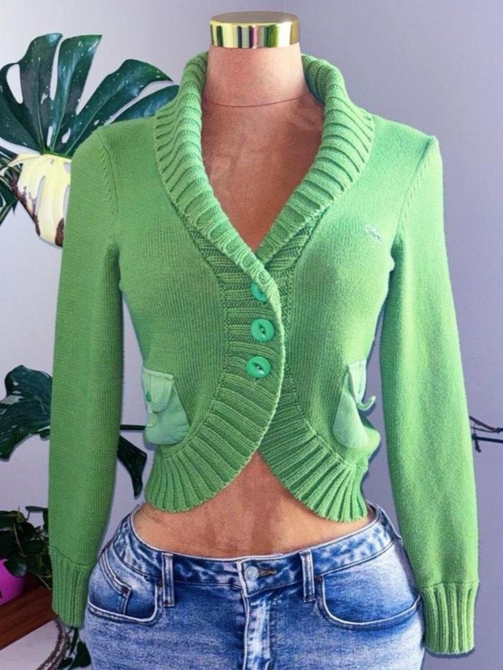 Lacoste Green Cropped Cardigan Sweater Size 38 Small 100% Cotton